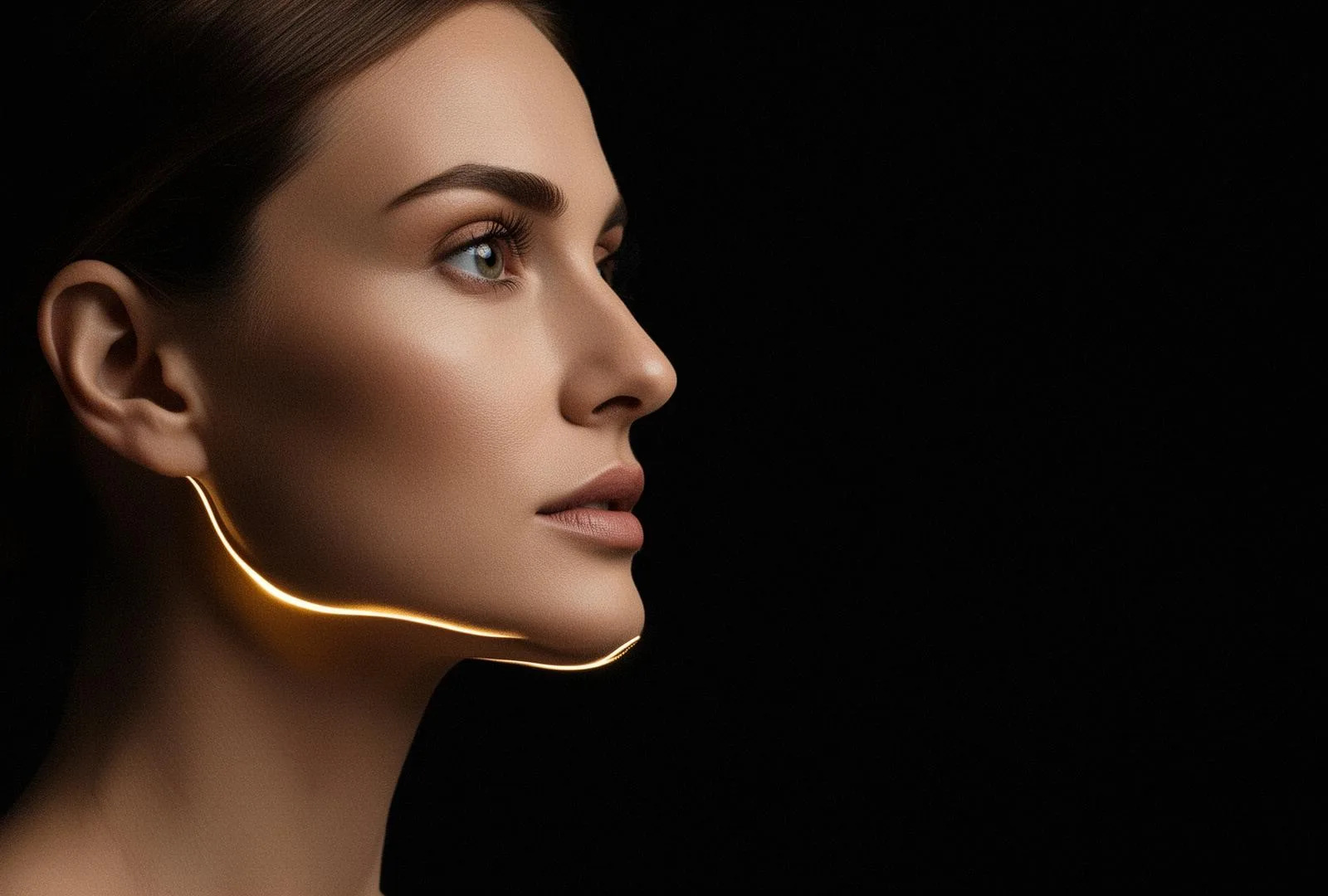 Editorial profile of a refined female jawline lit with warm gold rim light against black — Cosmedocs Harley Street