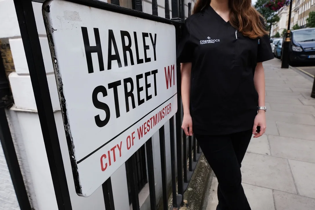 Cosmedocs clinician beside the Harley Street W1 City of Westminster street sign