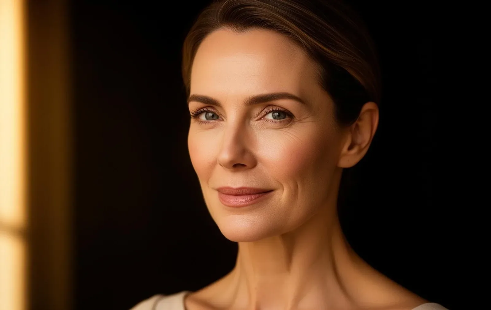 Naturally refreshed forehead and brow on an editorial portrait under soft Harley Street consulting-room light
