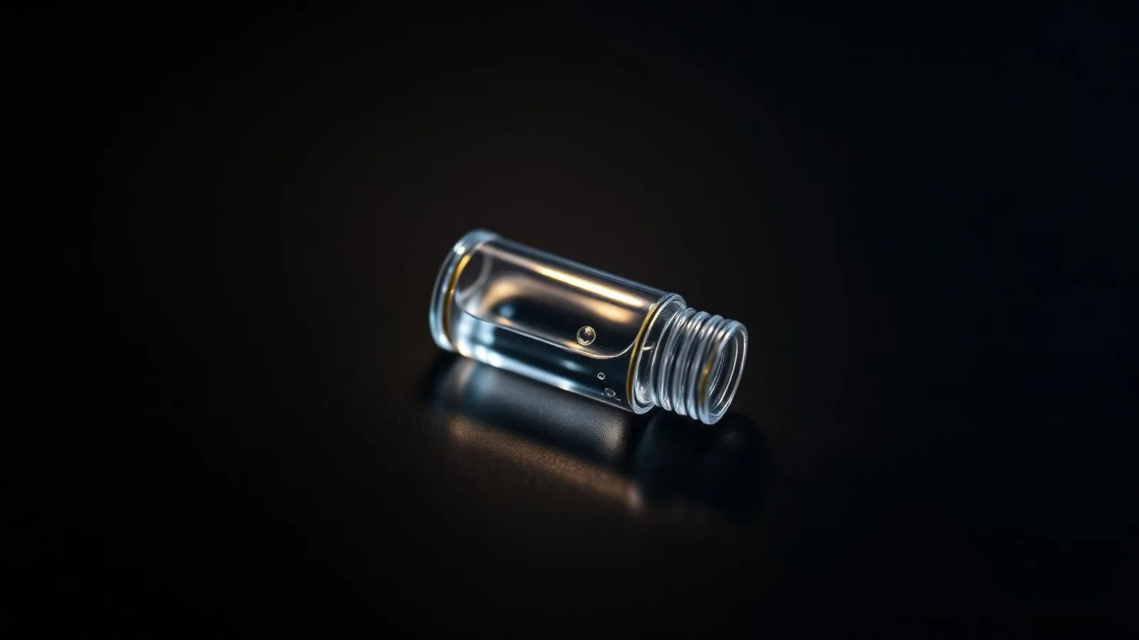 Editorial macro of a single clear glass vial on a matte black surface — Daxxify vs Botox science explained