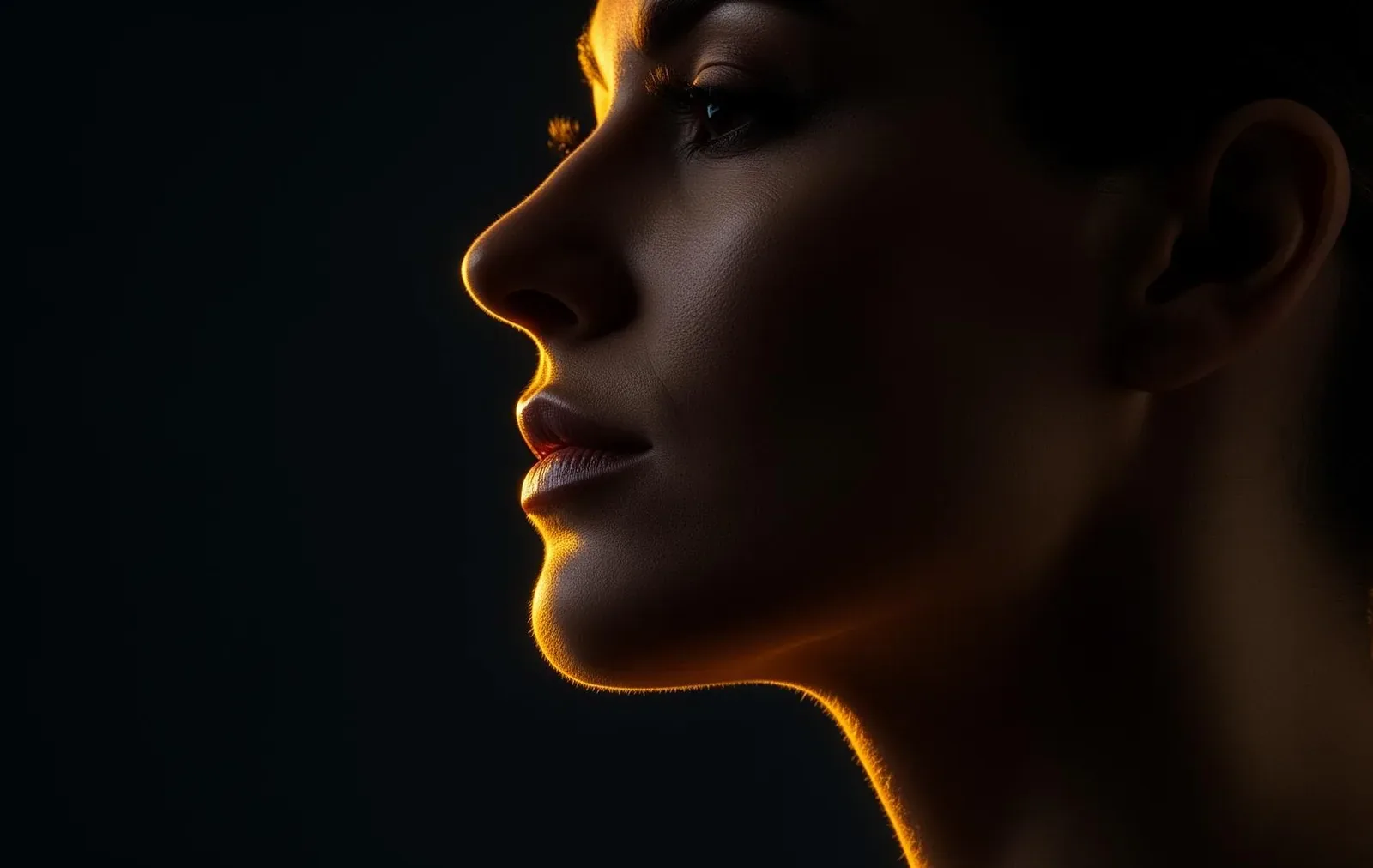 Dramatic side profile highlighting a defined jawline with golden rim lighting