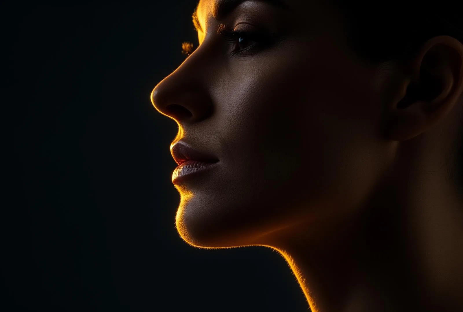 Dramatic side profile highlighting a defined jawline with golden rim lighting