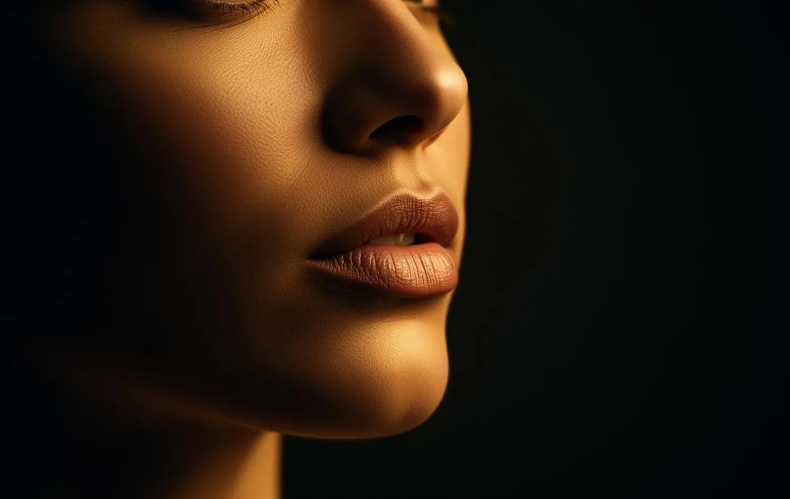 Close-up of naturally proportioned lips in dramatic golden lighting