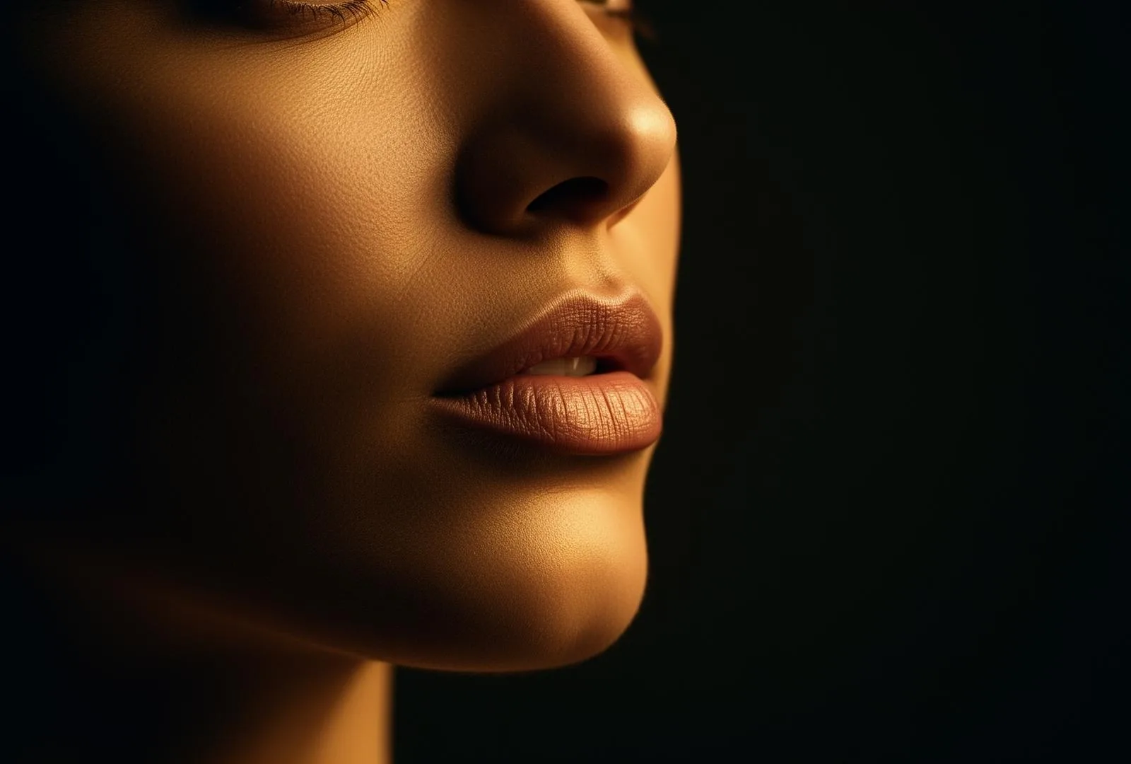 Close-up of naturally proportioned lips in dramatic golden lighting