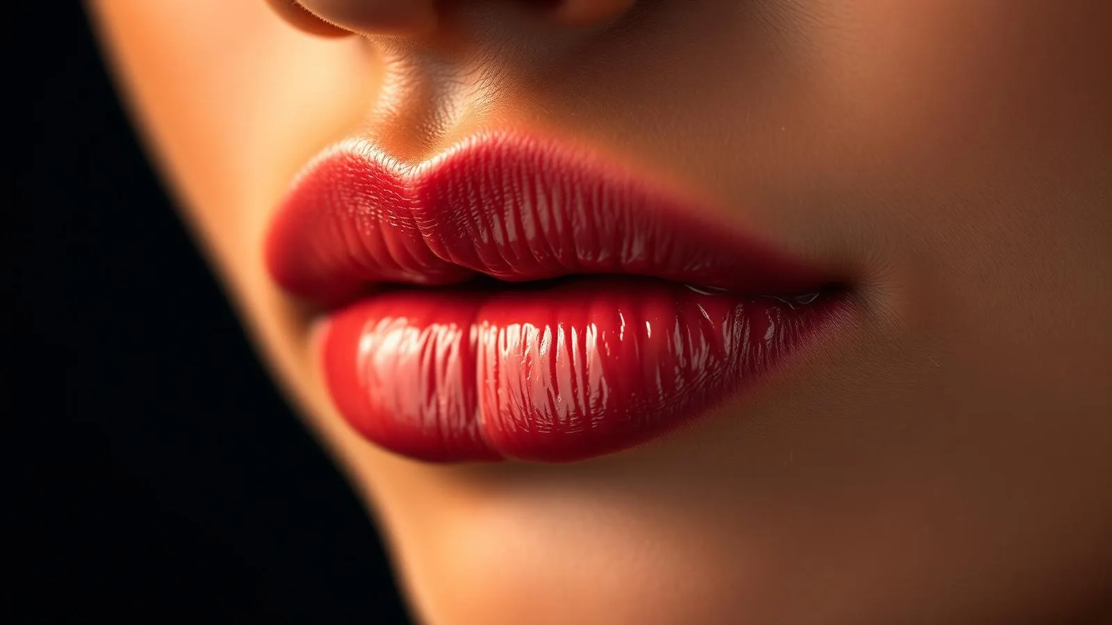 Close-up macro of healthy hydrated lips against a dark editorial background