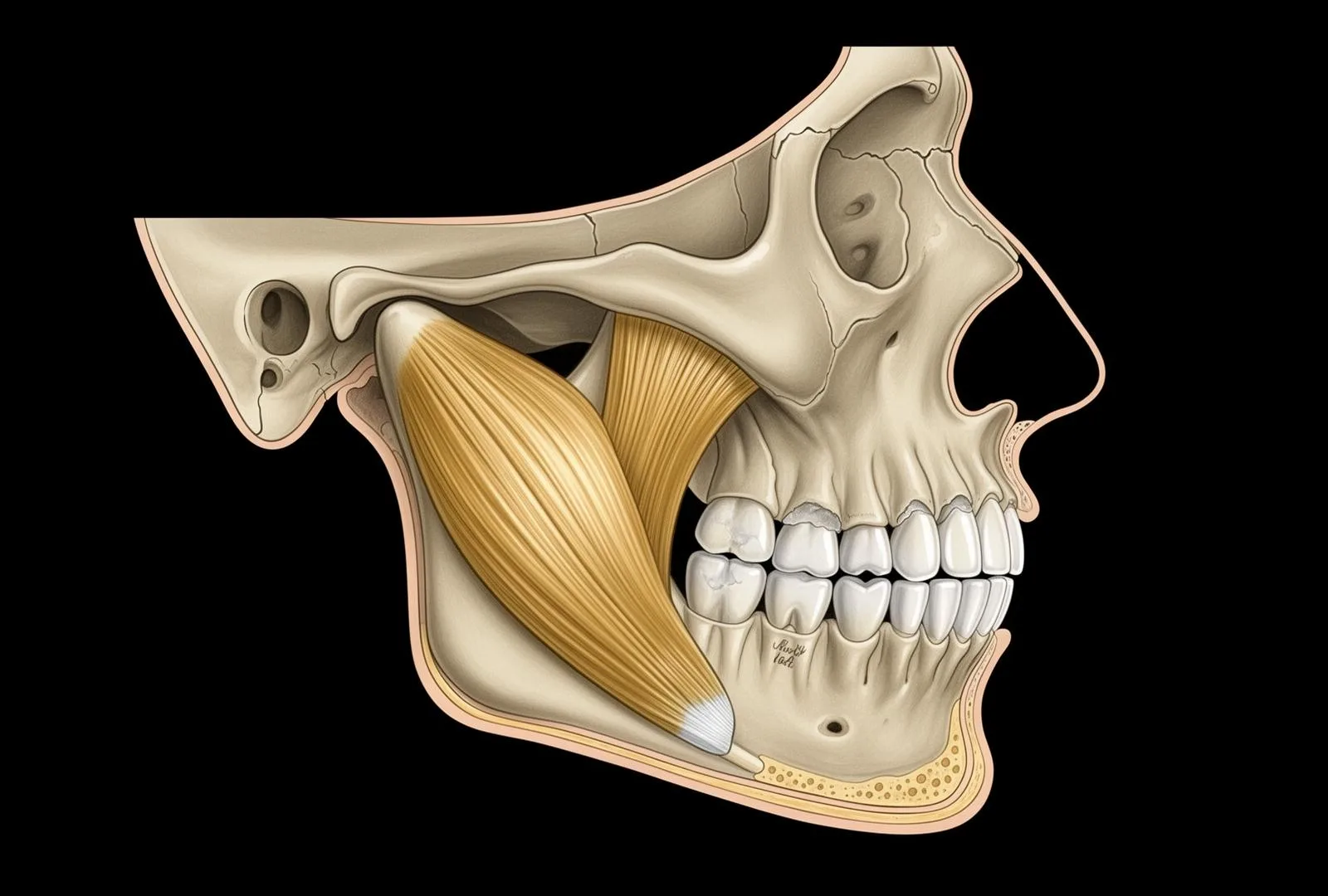 Anatomical illustration of the masseter muscle, jaw and teeth showing the relationship between muscle bulk and bite force
