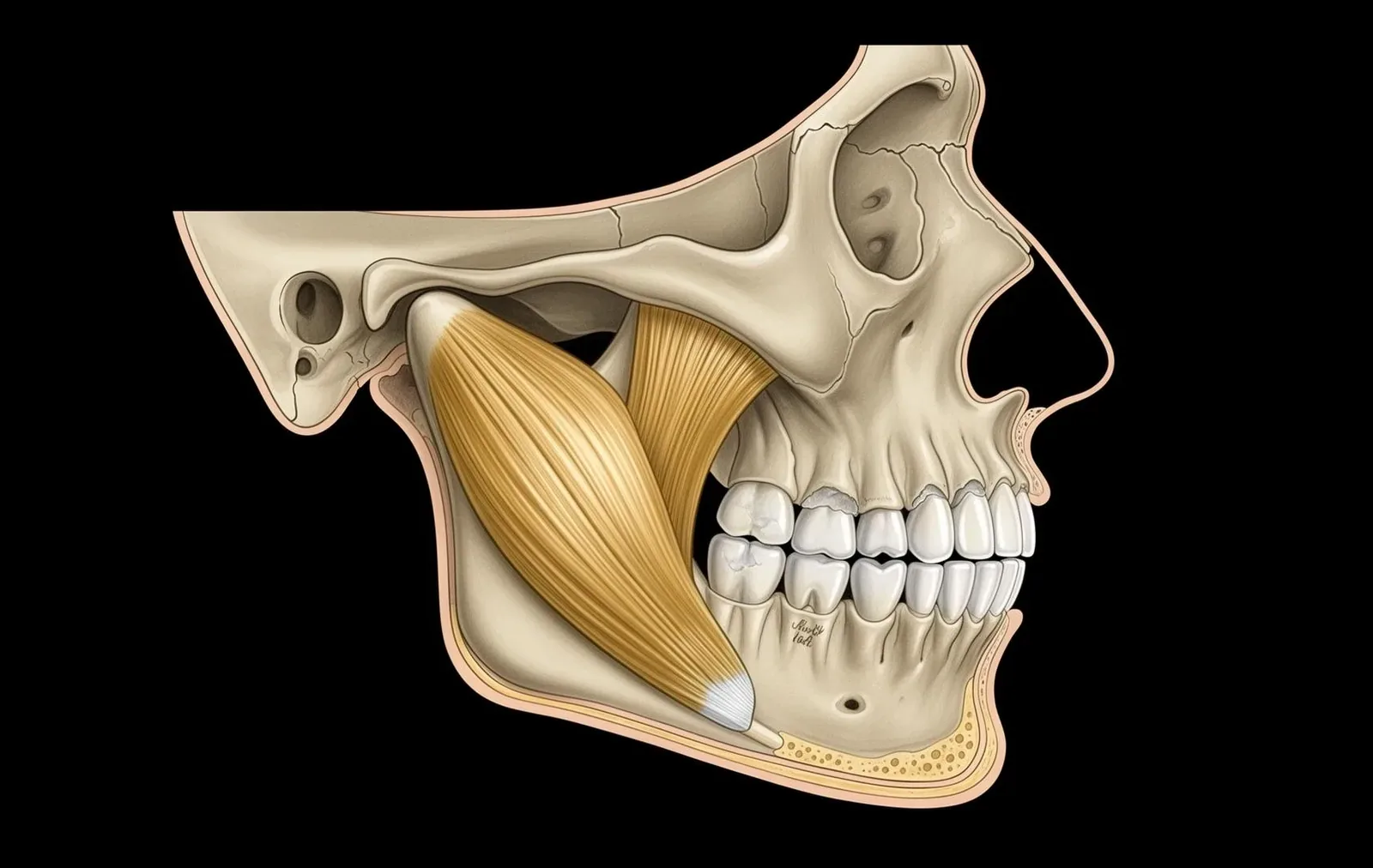 Anatomical illustration of the masseter muscle, jaw and teeth showing the relationship between muscle bulk and bite force