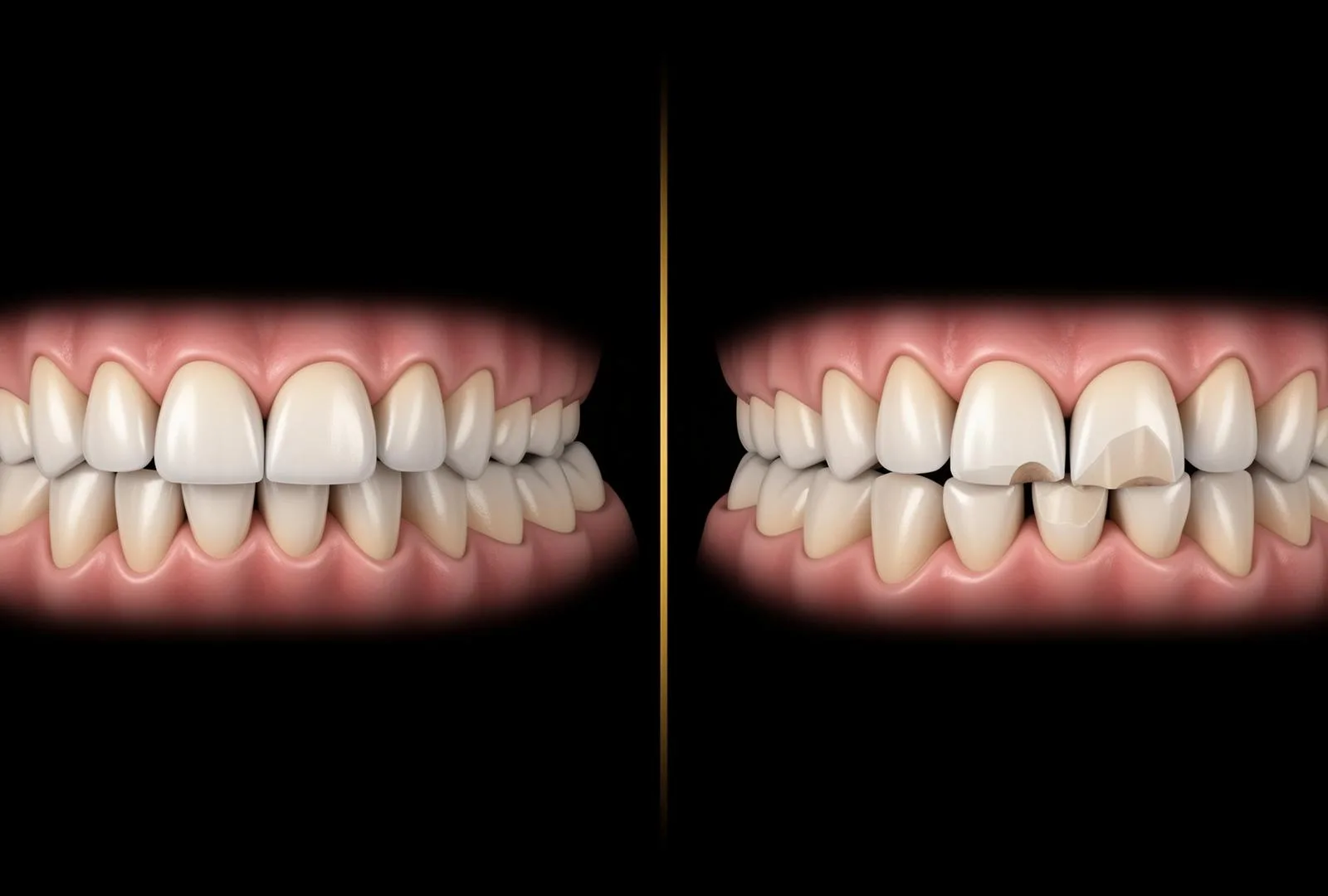 Side-by-side comparison showing healthy intact teeth on the left and chipped flattened front incisors with worn molar cusps on the right caused by grinding