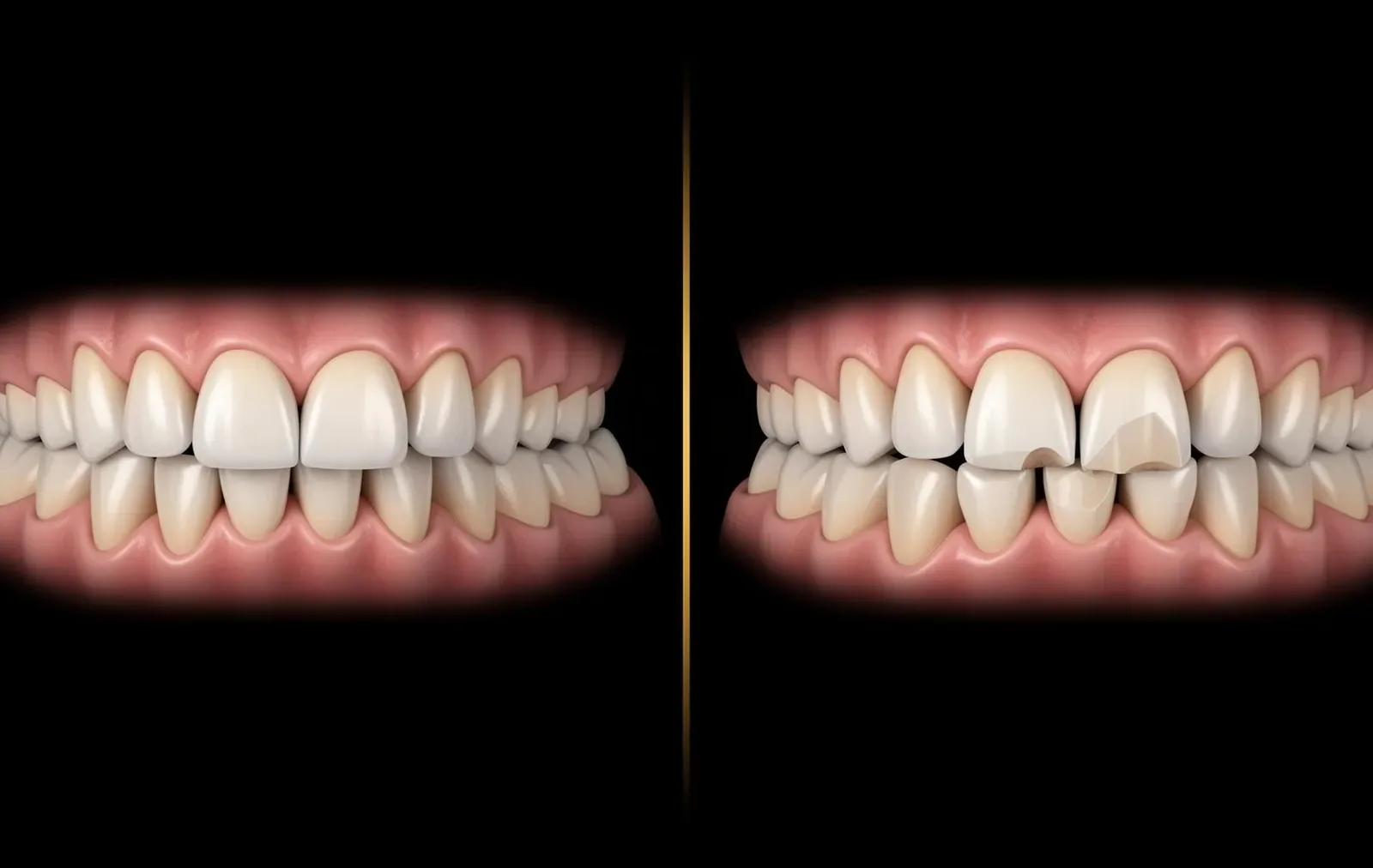 Side-by-side comparison showing healthy intact teeth on the left and chipped flattened front incisors with worn molar cusps on the right caused by grinding
