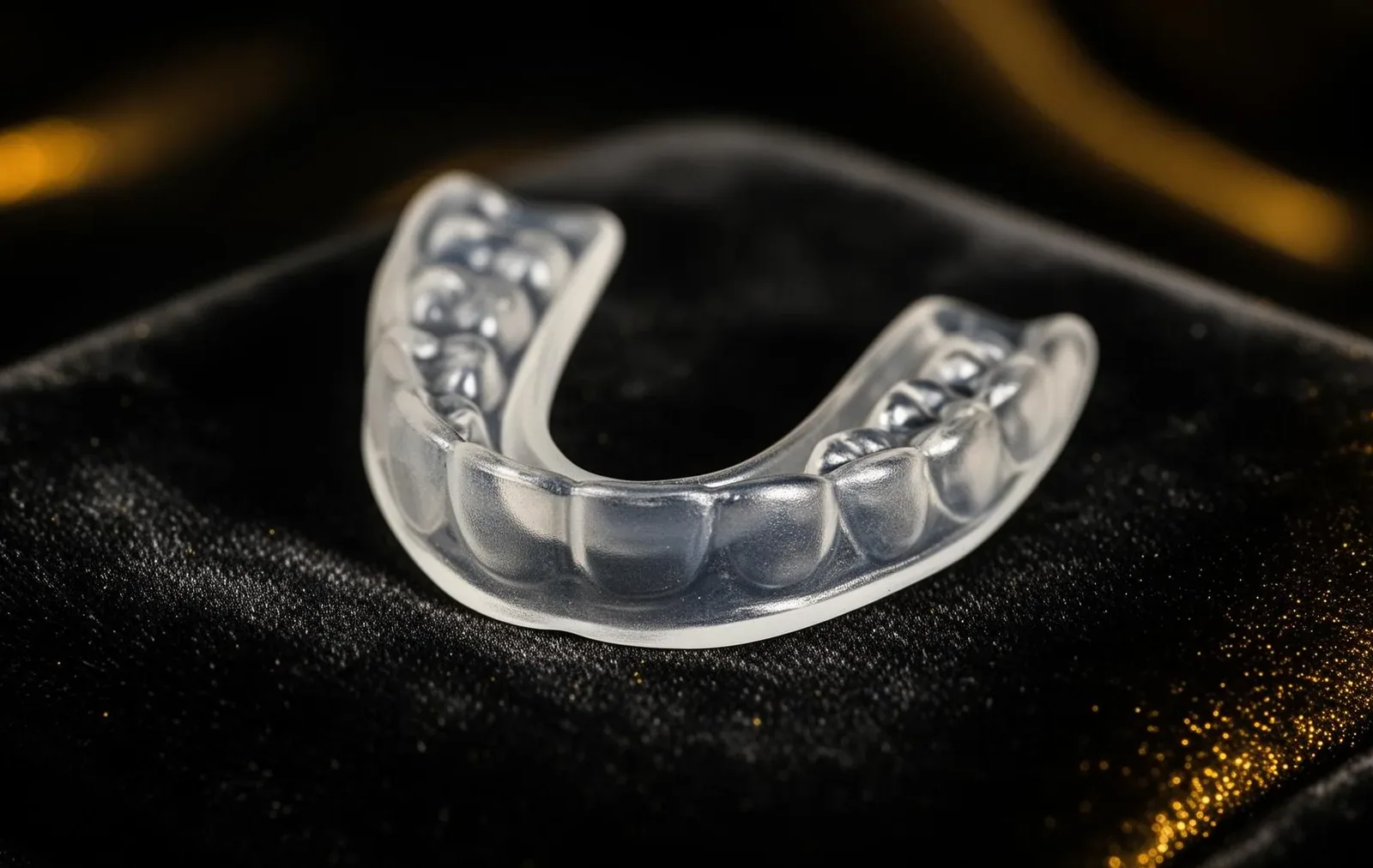 Clear custom-fitted dental nightguard mouthguard for bruxism on a luxury black surface