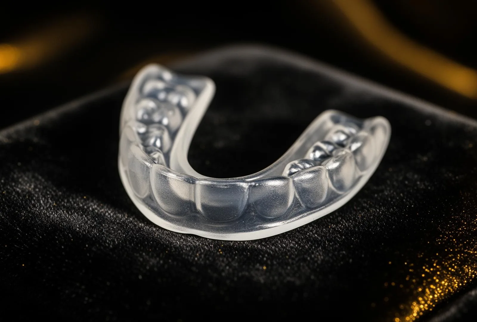 Clear custom-fitted dental nightguard mouthguard for bruxism on a luxury black surface