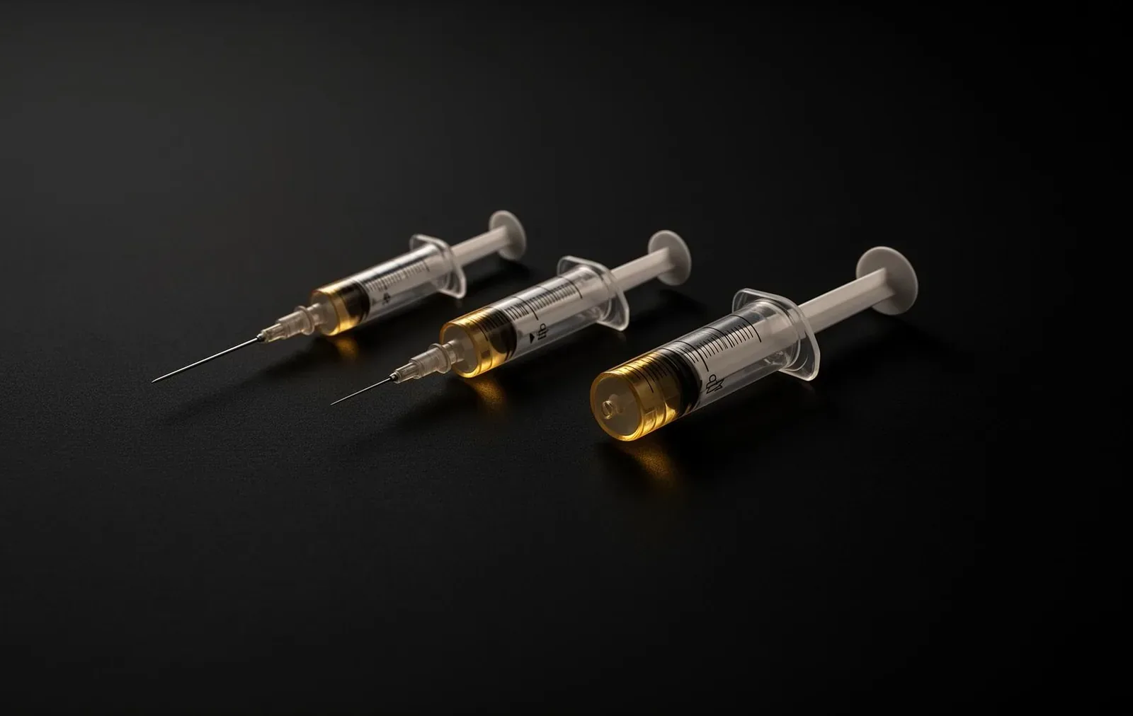 Three precision medical syringes representing 1ml, 2ml and 4ml cheek filler dosing — Cosmedocs Harley Street