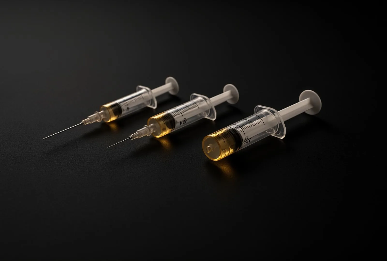 Three precision medical syringes representing 1ml, 2ml and 4ml cheek filler dosing — CosmeDocs Harley Street