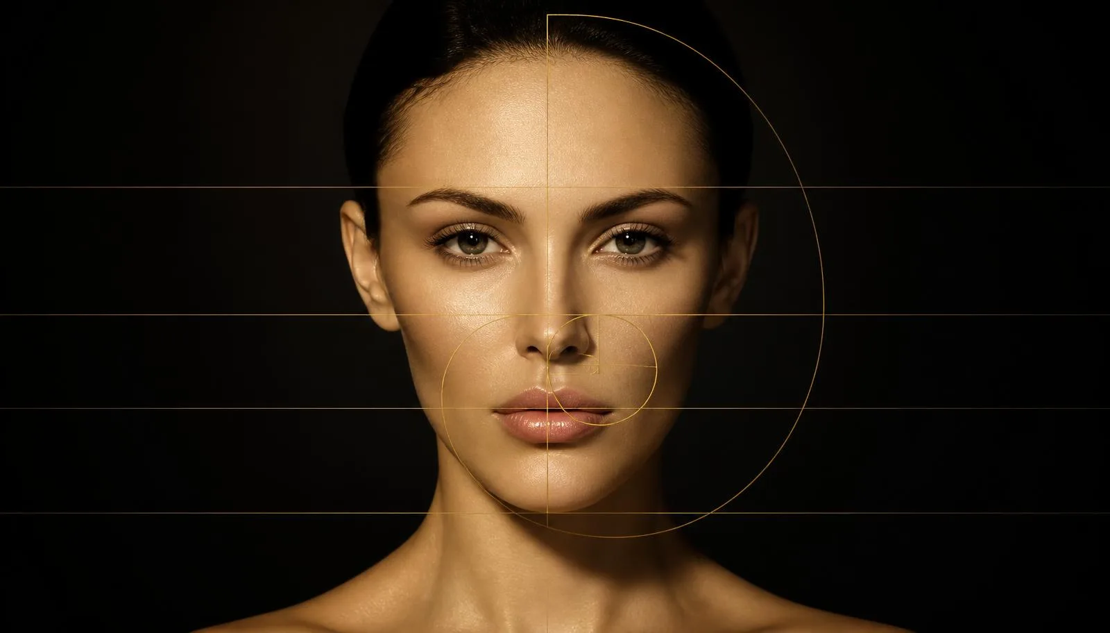 Gold line-art diagram of a face overlaid with a golden ratio spiral and a grid of facial thirds and fifths