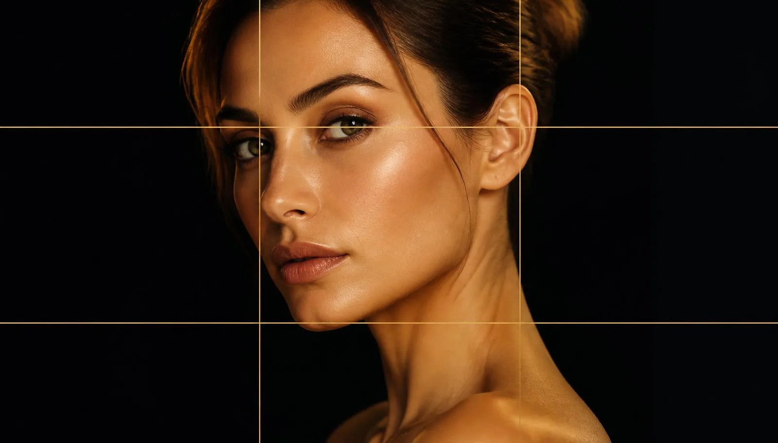 Editorial black-and-gold portrait with subtle gold facial proportion overlay illustrating clinical facial harmony