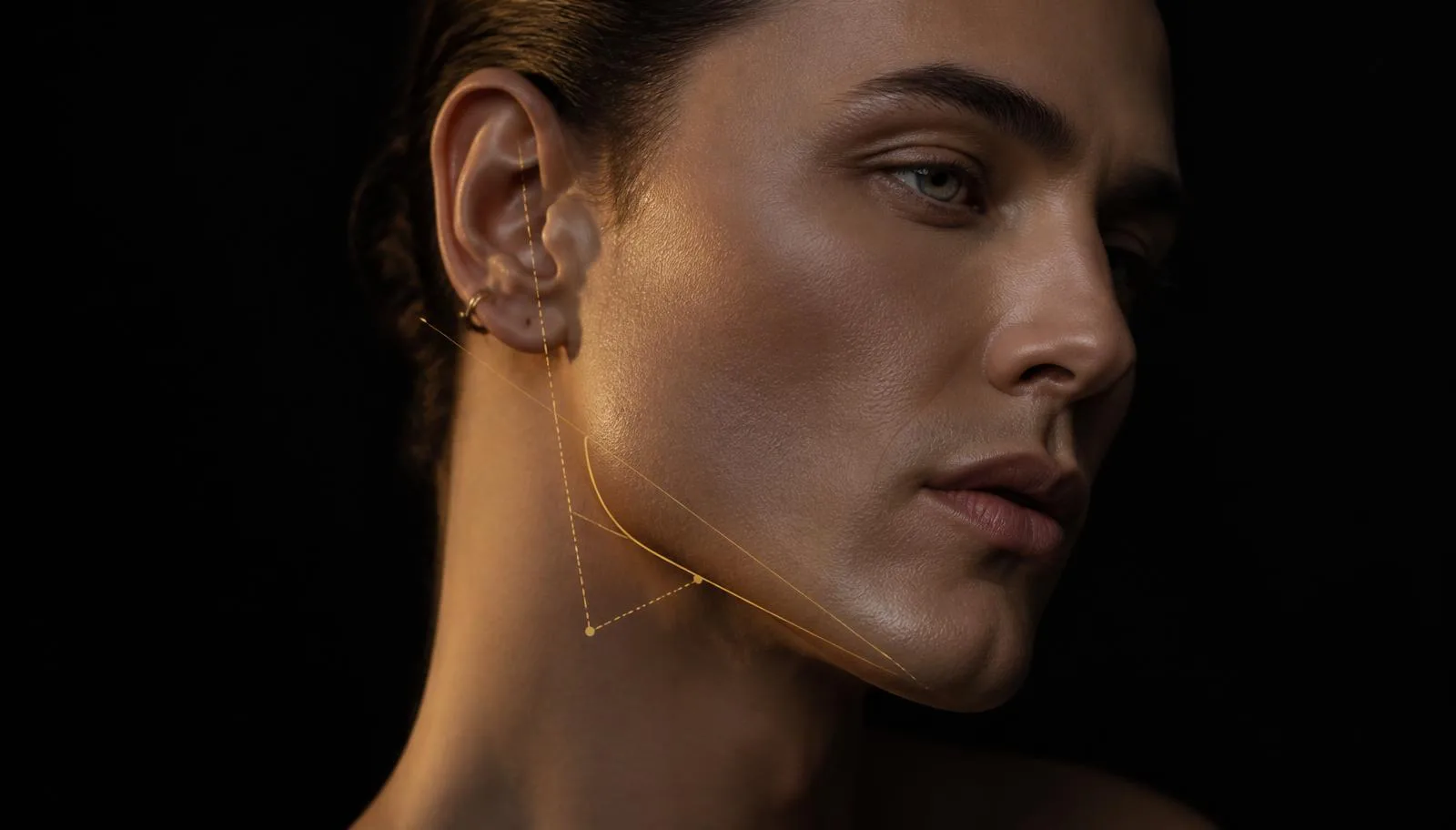 Gold line-art anatomical diagram of the human jaw, mandible and dental arch on a black background