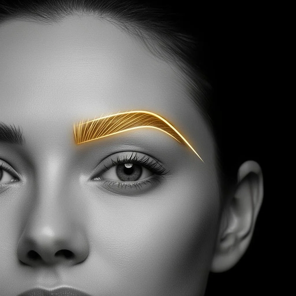 Non-surgical Endolaser eyebrow lift — gold lift vector along the lateral brow