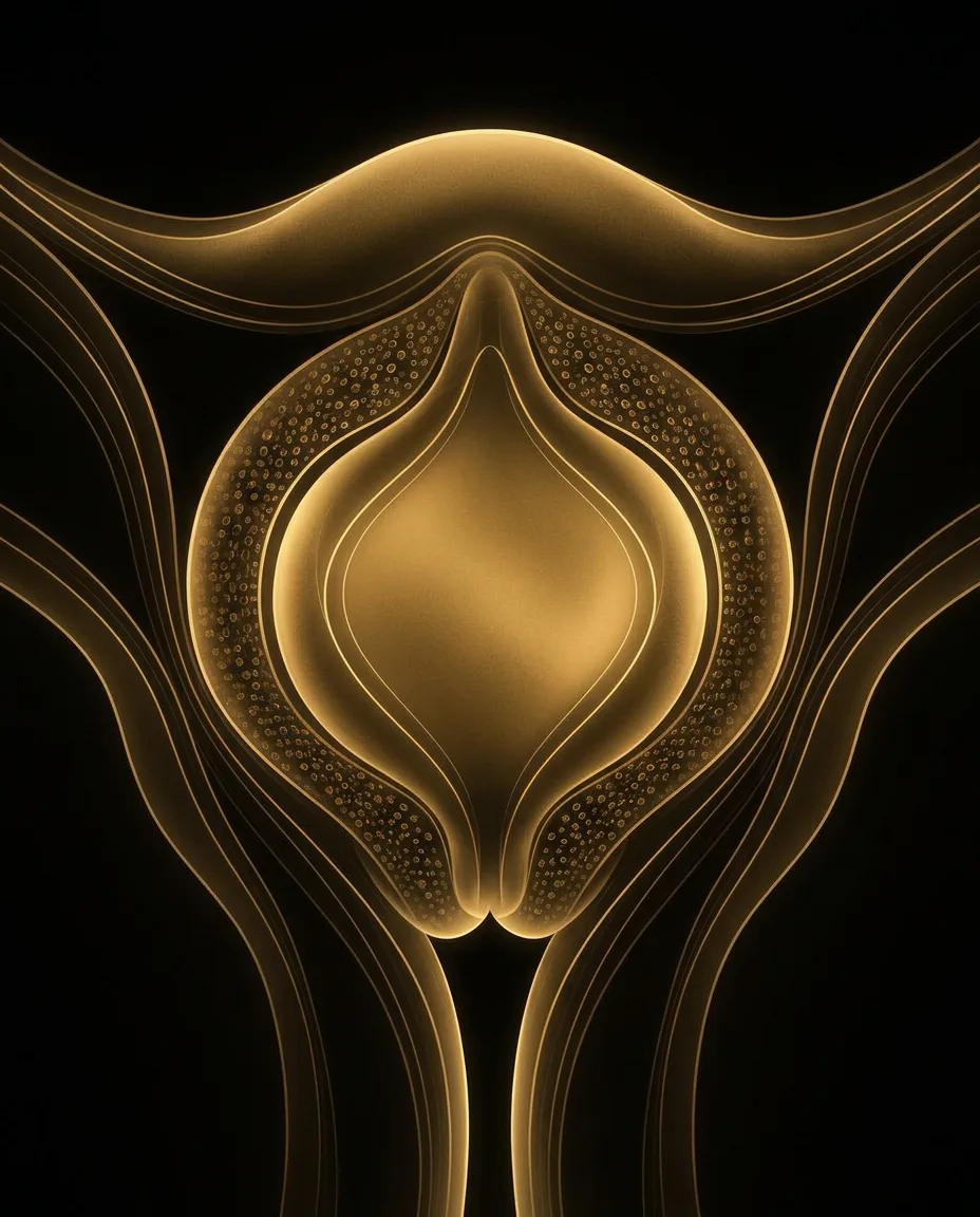 Abstract gold line artwork representing the layered anatomy of the labia majora and where hyaluronic hydrogel is placed