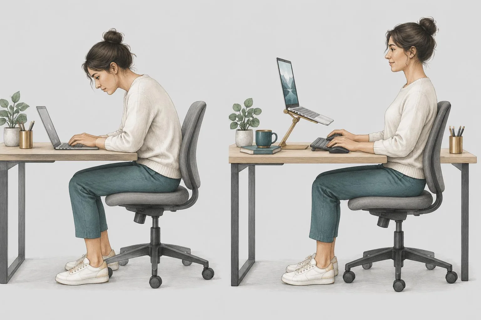 AI illustration comparing a low laptop screen with a raised laptop and separate keyboard, allowing independent screen and hand positioning