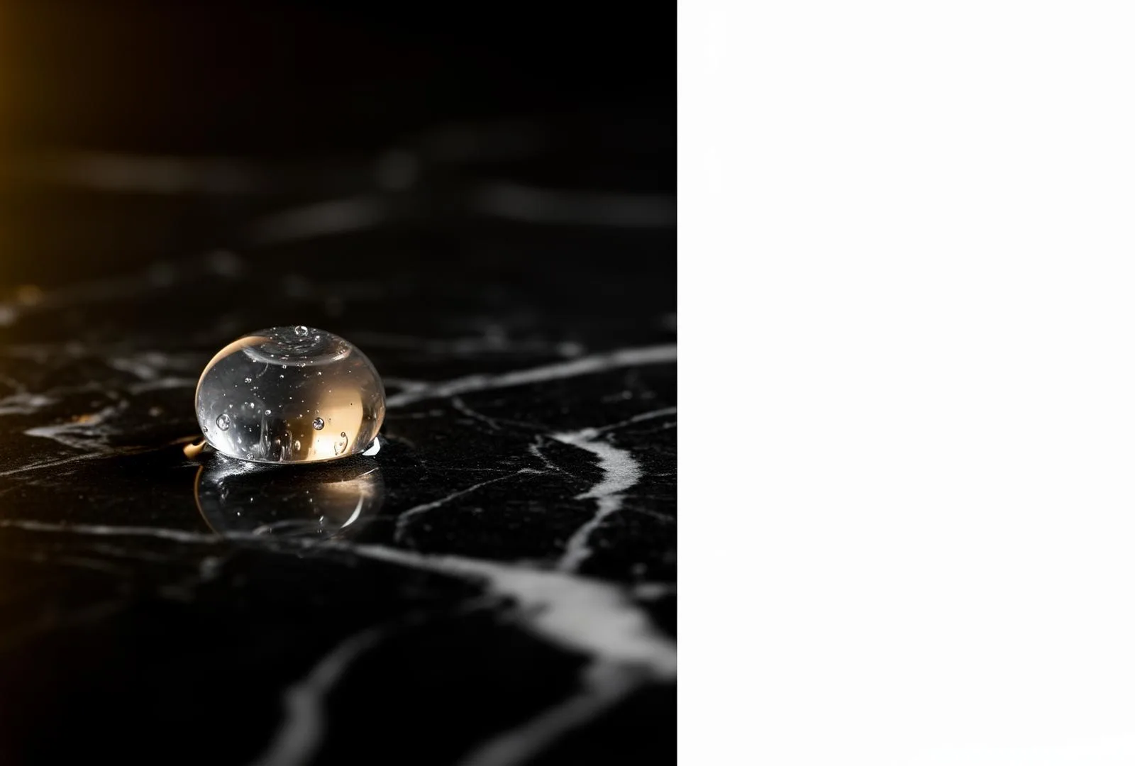 A single droplet of hyaluronic acid filler on polished black marble — CosmeDocs Harley Street lip filler precision dosing
