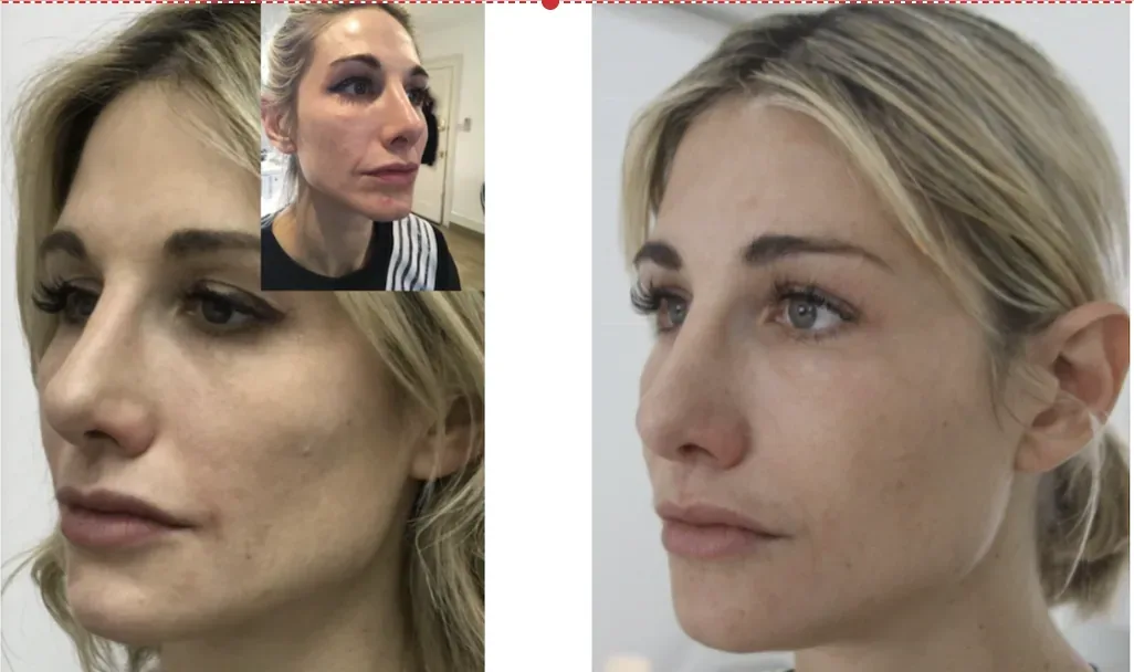 Skin peel and dermal filler combination before and after — medical chemical peel for skin clarity with hyaluronic acid filler for nose refinement and cheek volume replacement at Cosmedocs Harley Street London