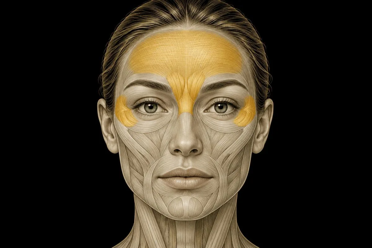AI-made anatomical illustration highlighting the forehead, frown and outer-eye muscle zones