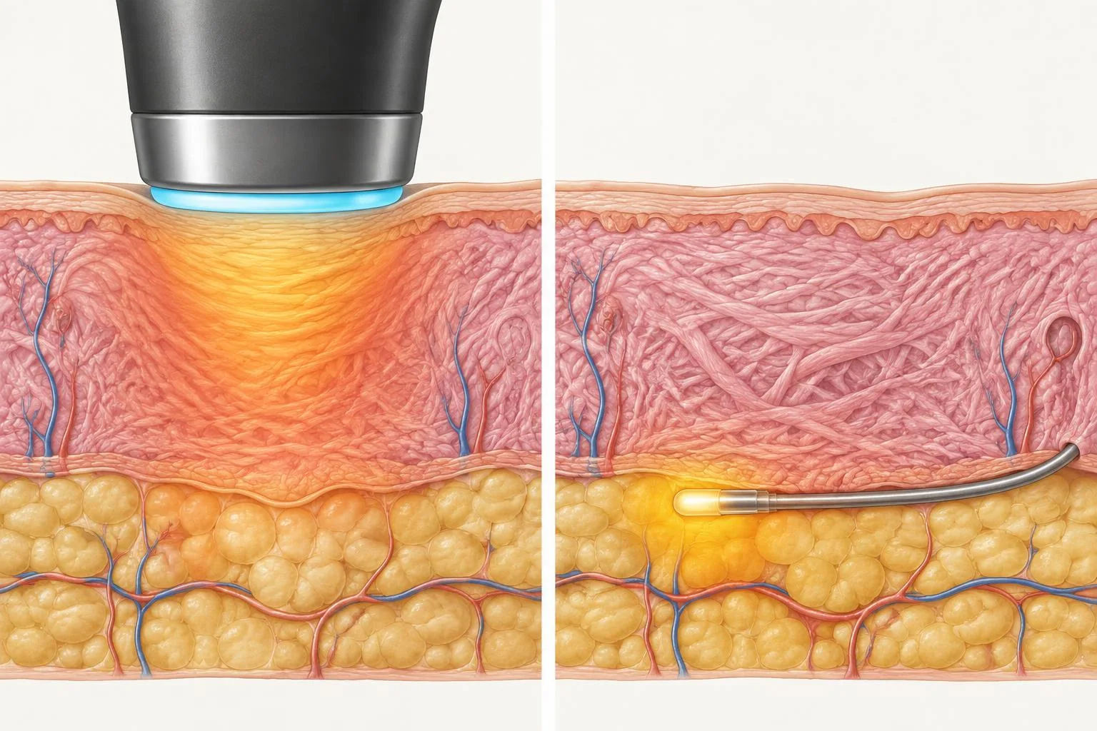 Conceptual cutaway: external RF handpiece on intact skin at left; laser fibre beneath the dermis at right