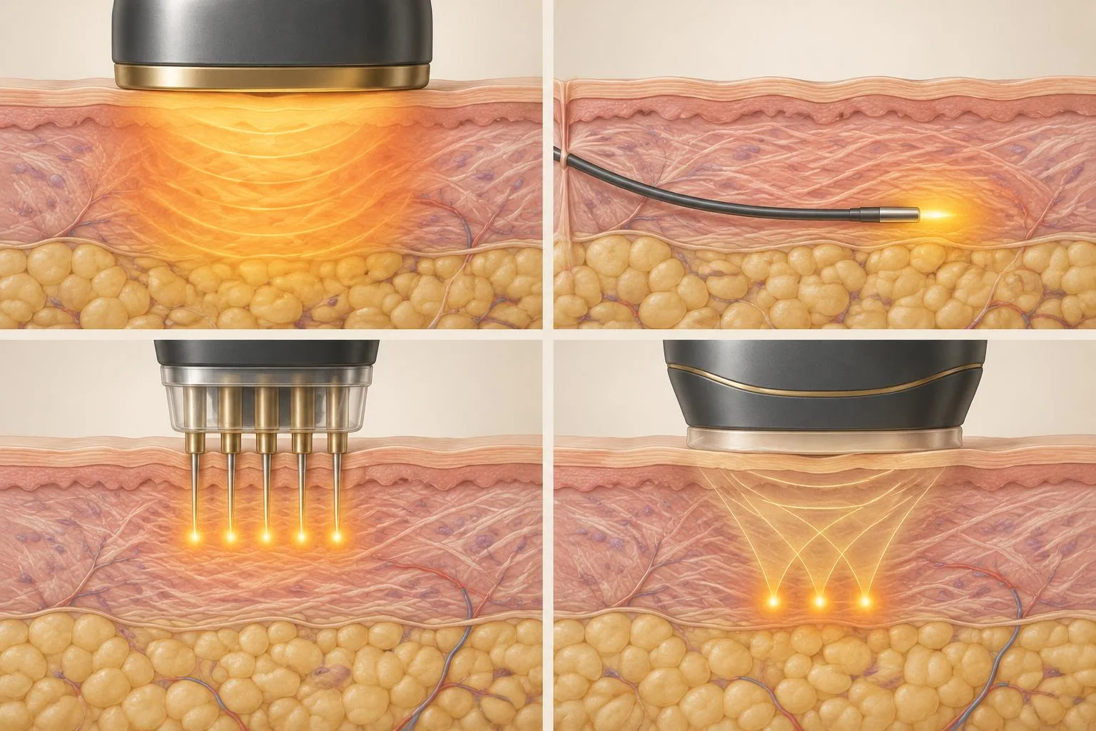 Four conceptual tissue cutaways: external RF, inserted optical laser fibre, RF needle electrodes and externally delivered focused ultrasound