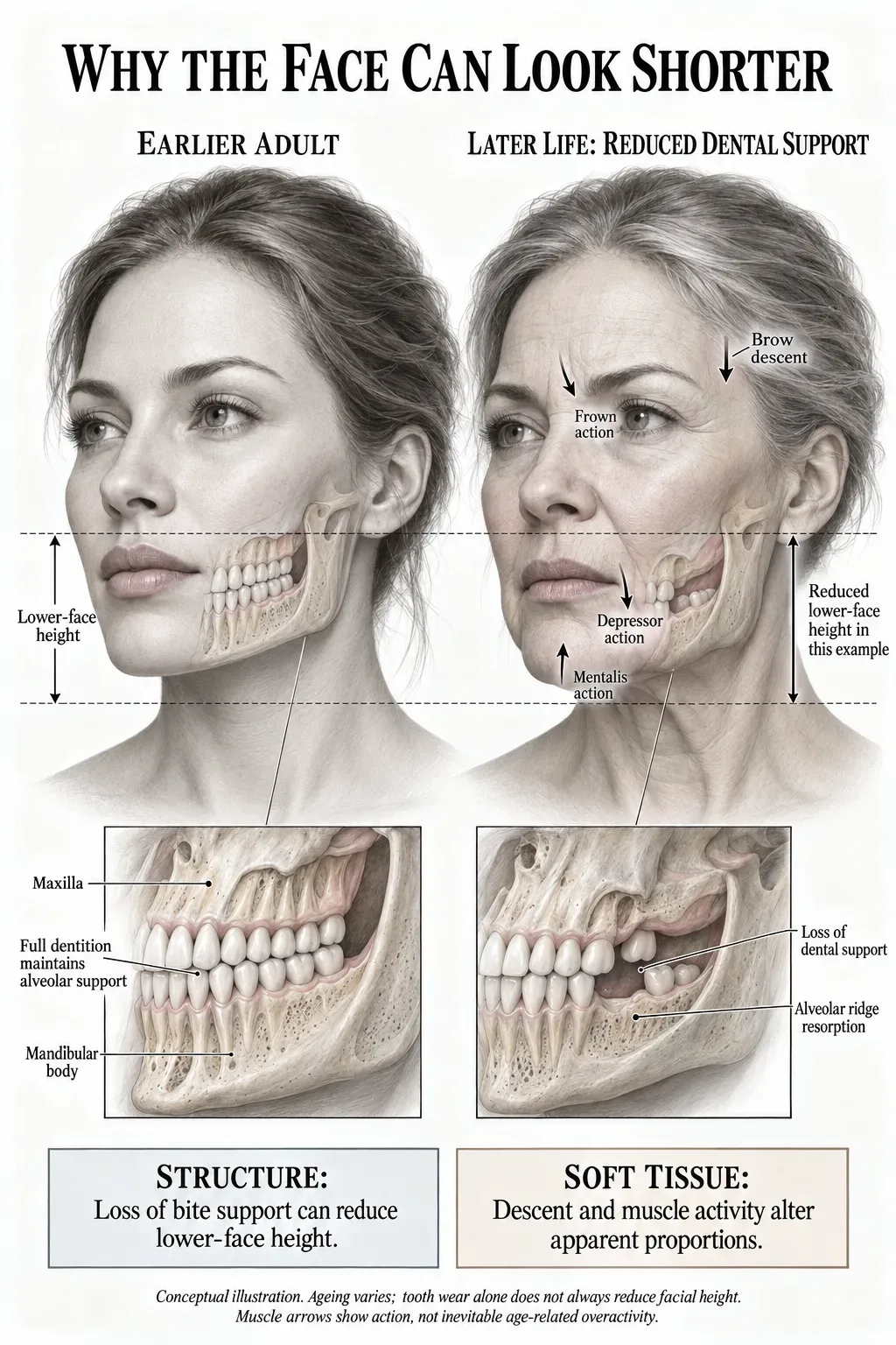 Anatomical illustration comparing lower-face height in earlier adulthood with later life, showing reduced dental support, brow descent, frown and depressor action, and mentalis action