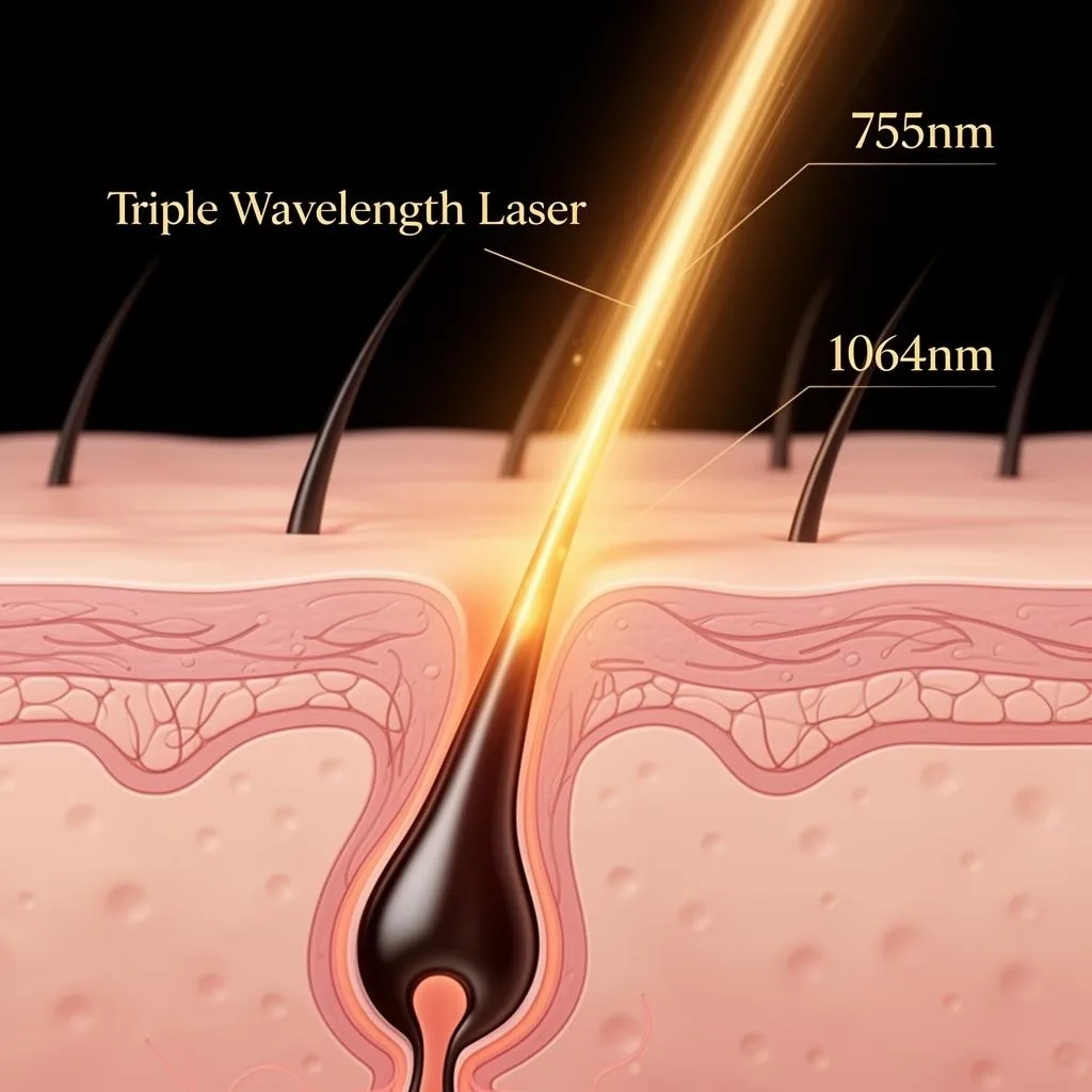 Triple wavelength laser targeting hair follicle — 755nm, 808nm, and 1064nm wavelengths
