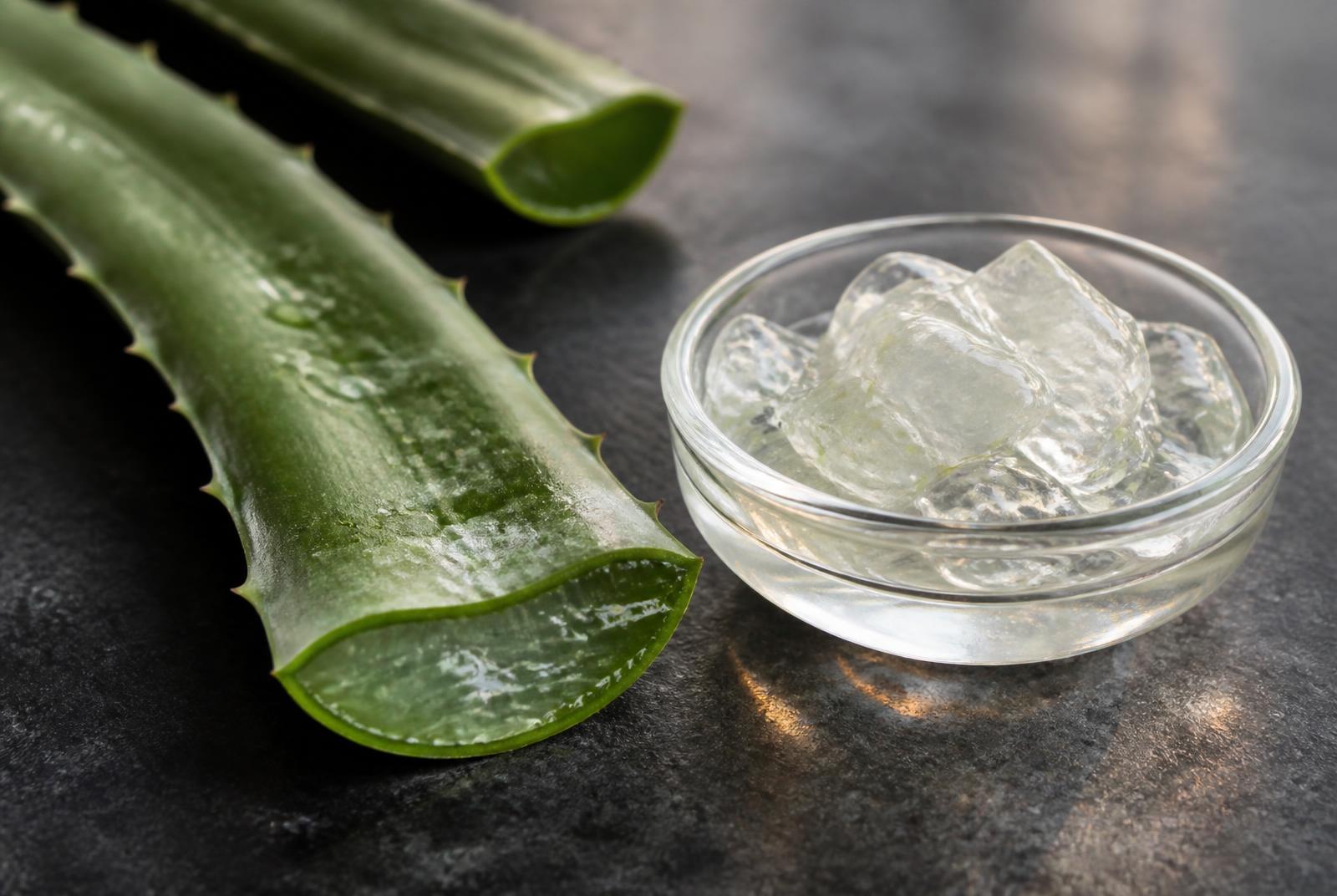 Freshly cut aloe vera leaves beside a dish of clear aloe gel