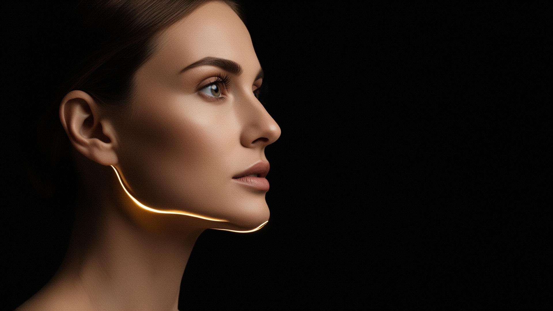 Editorial profile of a refined female jawline lit with warm gold rim light against black — Cosmedocs Harley Street