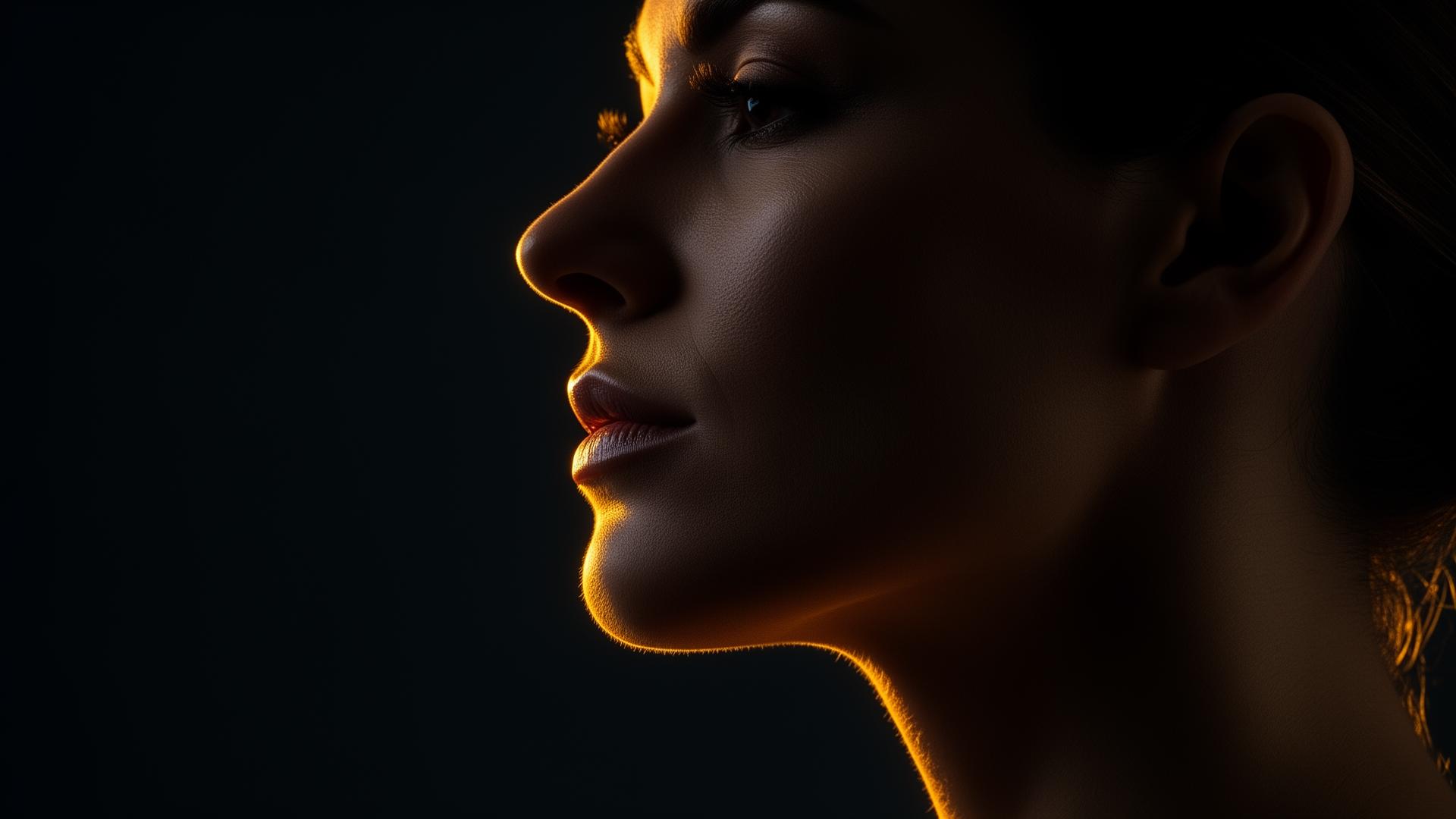 Dramatic side profile highlighting a defined jawline with golden rim lighting