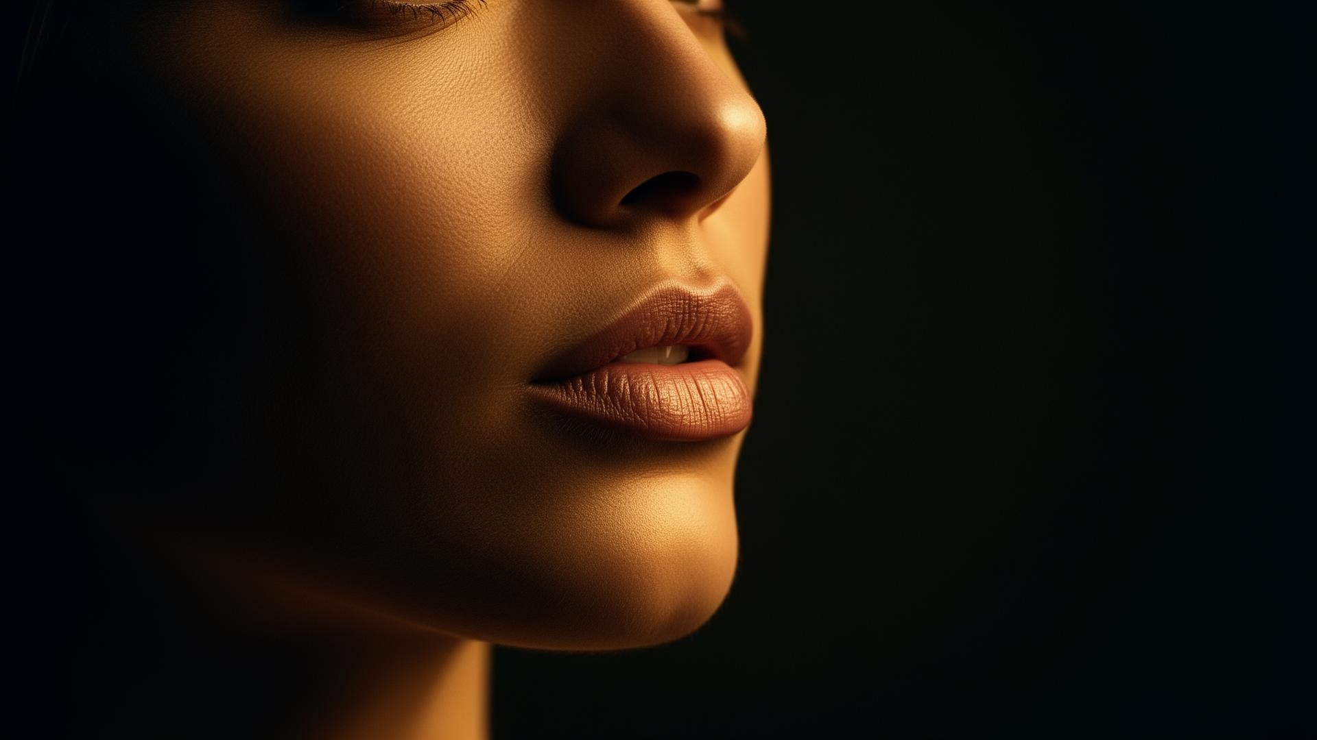 Close-up of naturally proportioned lips in dramatic golden lighting