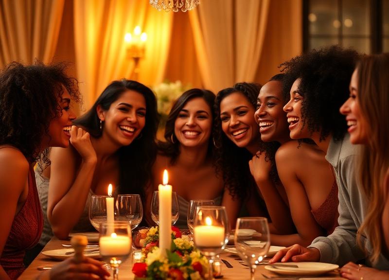 Diverse group of friends laughing together — all looking radiant