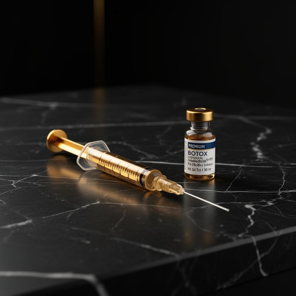Premium Botox vial and precision syringe on dark marble — CosmeDocs Harley Street quality assurance