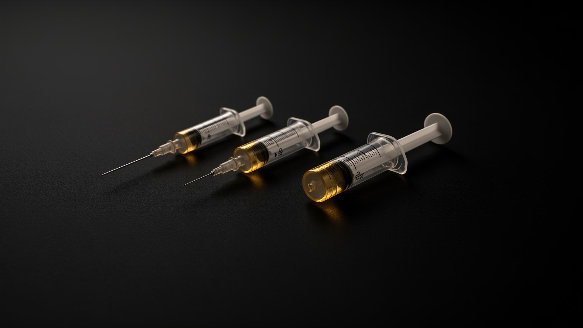 Three precision medical syringes representing 1ml, 2ml and 4ml cheek filler dosing — CosmeDocs Harley Street