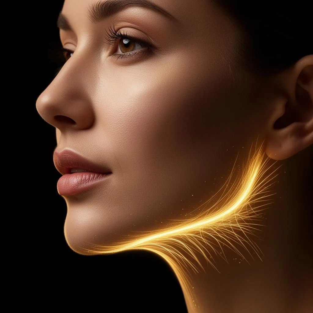 Endolaser Laser Fibre Lift — gold light tracing the jawline indicating sub-dermal lift
