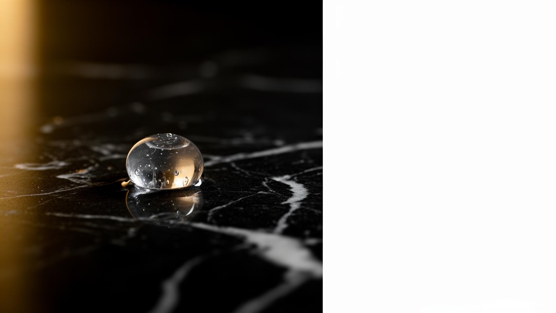 A single droplet of hyaluronic acid filler on polished black marble — CosmeDocs Harley Street lip filler precision dosing