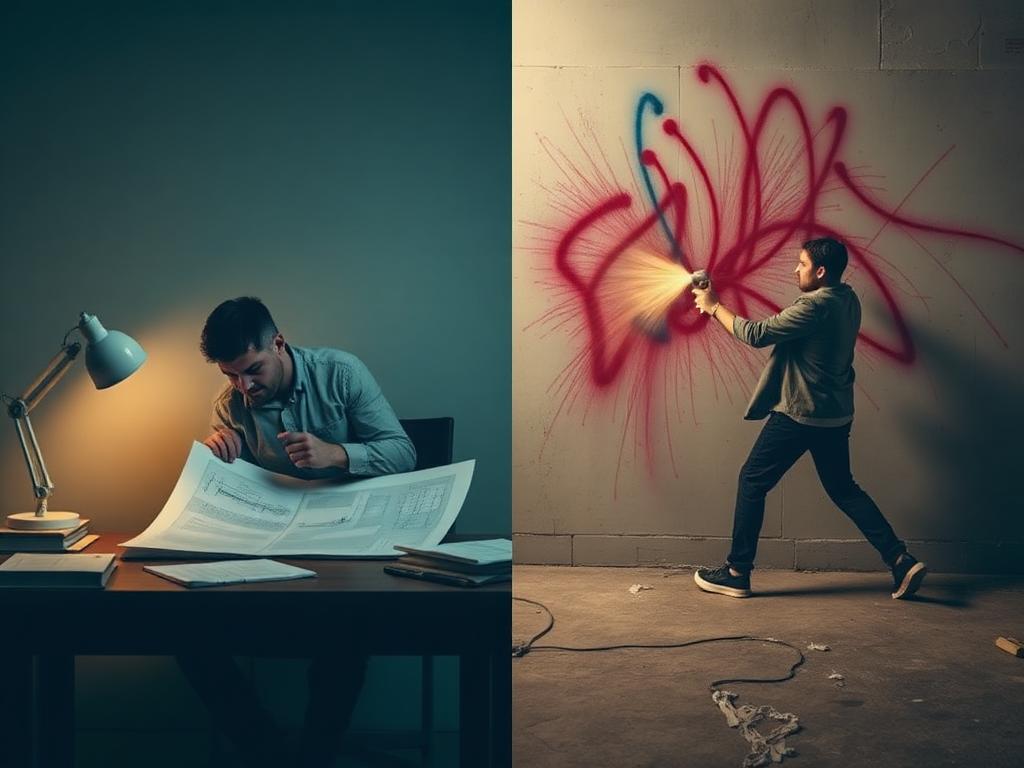 An architect studying blueprints next to someone spray painting a wall
