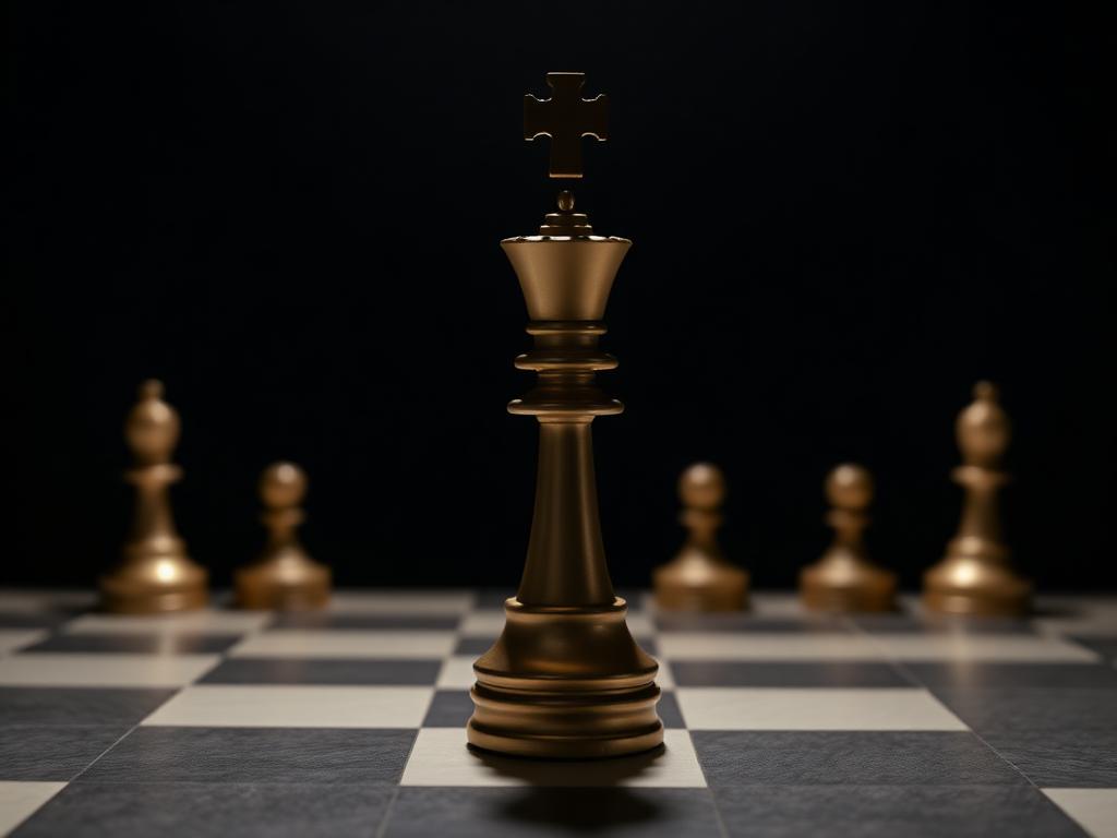 A single gold chess king standing alone on an empty board