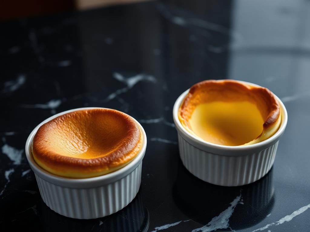 A perfectly risen soufflé next to a collapsed one