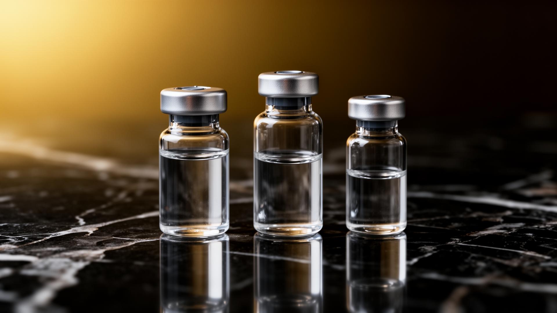 Three glass medical vials representing 25, 50 and 100 unit Botox dosing for axillary hyperhidrosis — CosmeDocs Harley Street