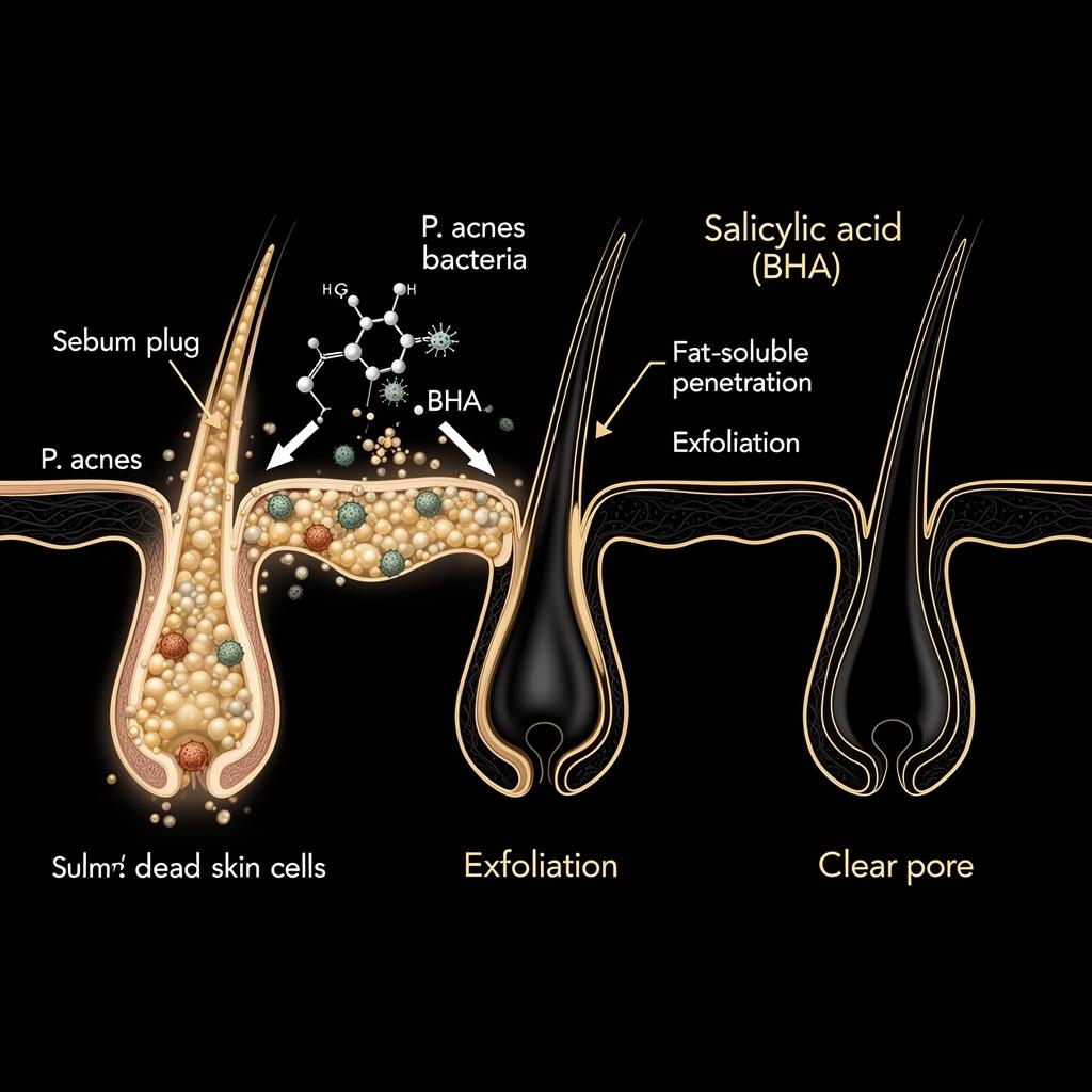 Salicylic acid BHA pore cleaning diagram showing sebum plug dissolution, P. acnes bacteria reduction, fat-soluble exfoliation and clear pore result