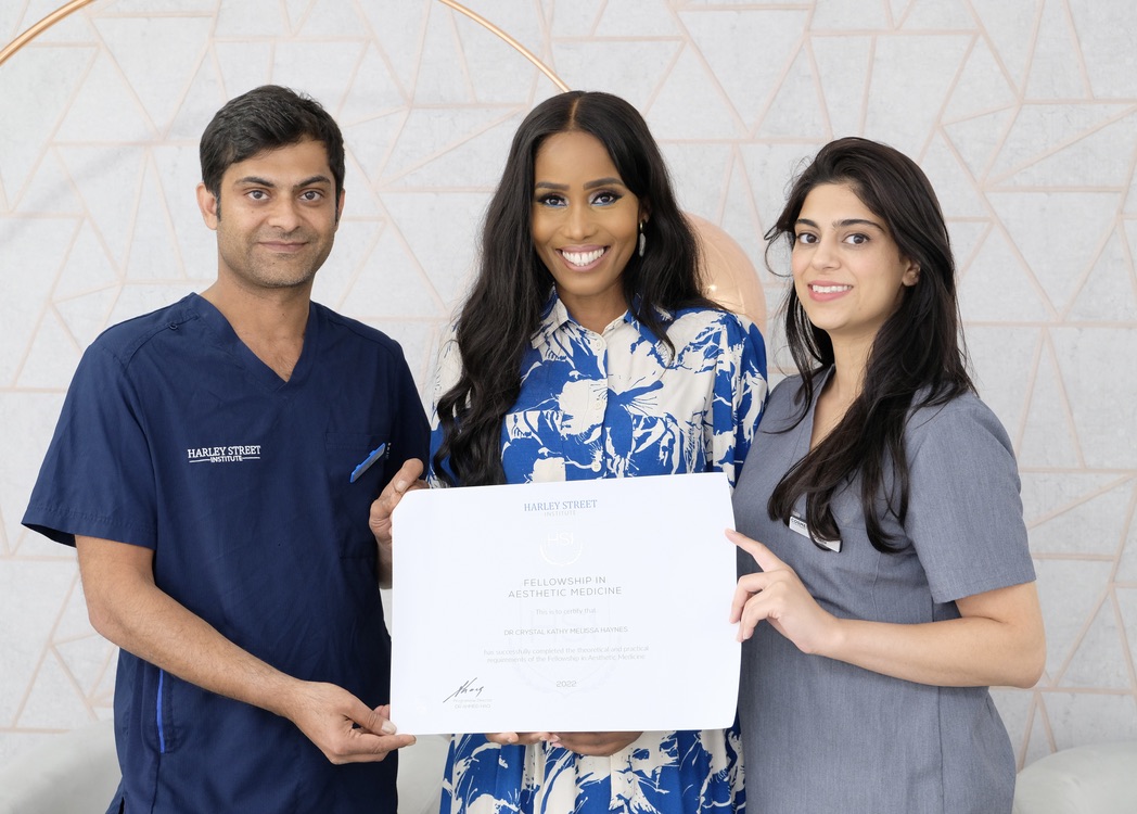 Group of fellowship graduates with aesthetic medicine certificates from Harley Street training