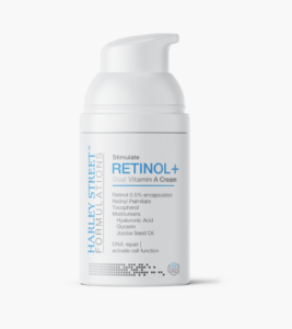 picture of a high potent 0.5% retinol face cream in a white bottle by harley street