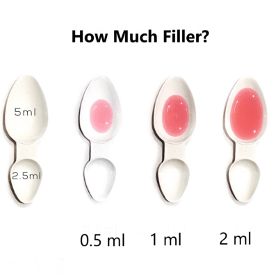This image illustrates the volume of 1ml of filler in comparison to a spoon.